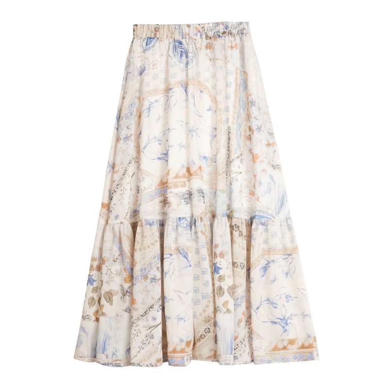 ELLE复古度假风半身裙女2025夏季新款波嬉印花高腰显瘦伞裙蛋