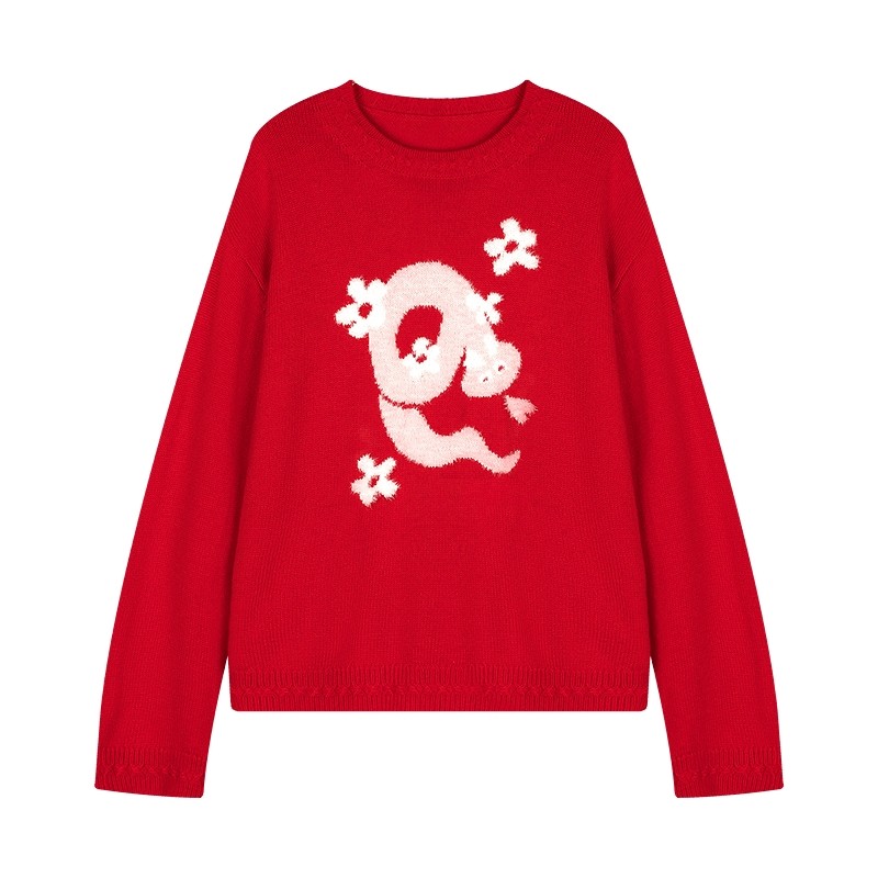 LILY新年红色毛衣宽松圆领羊毛混纺套头针织衫上衣女冬新款