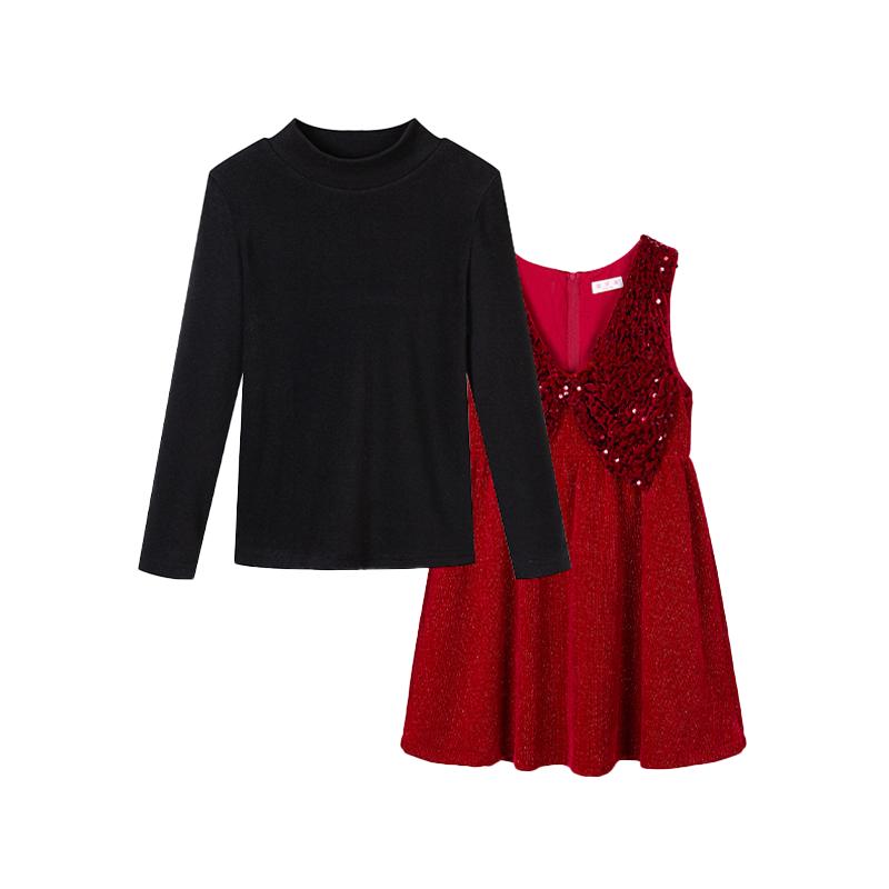 富罗迷女童连衣裙套装冬季新款洋气女孩高级红色新年公主裙两件套