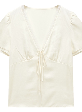 【新品】OCHIRLY欧时力 衬衫26夏季缎面蕾丝花边V领法式防晒短袖