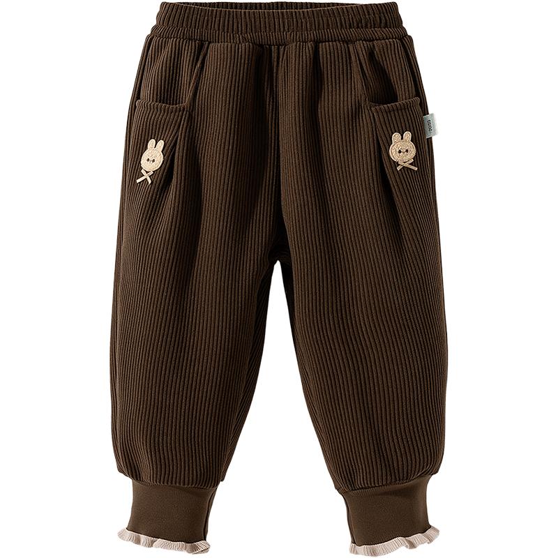 贝贝怡童装女童冬季新款加绒长裤女孩灯芯绒复古风束脚裤休闲冬装