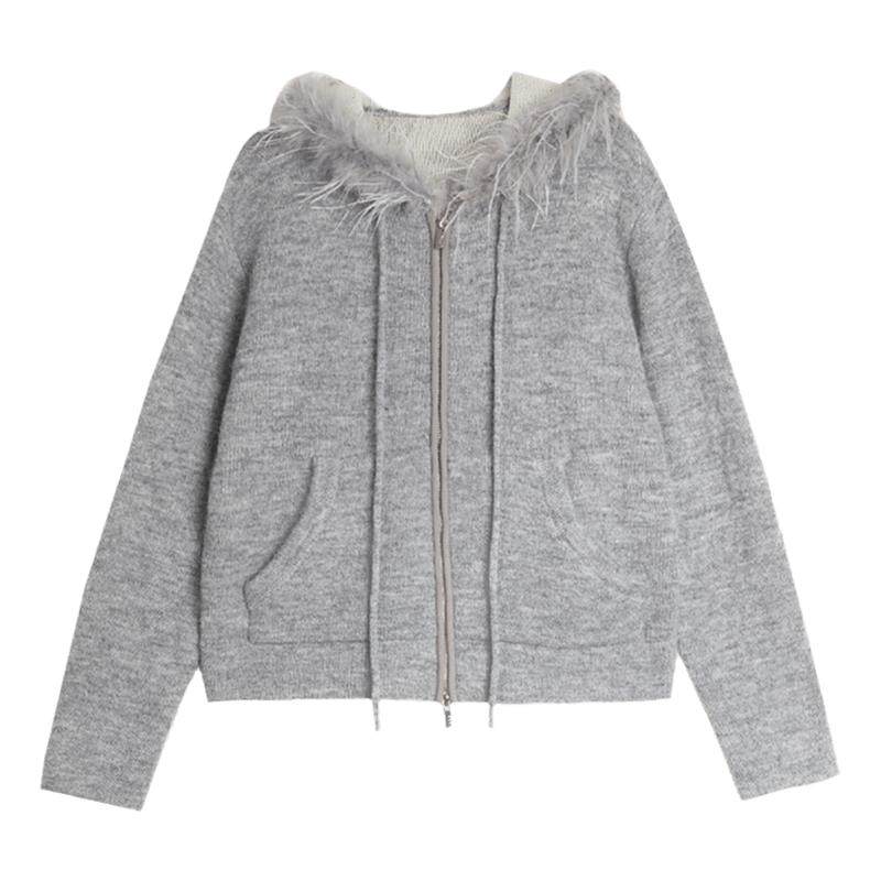 【XUZHI】ELLE格雷系马海毛卫衣式连帽开衫女2025秋新款