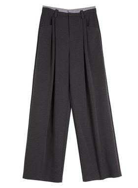 ELLE深灰色绵羊毛混纺阔腿休闲裤女2025冬装新款慵懒松弛感西裤