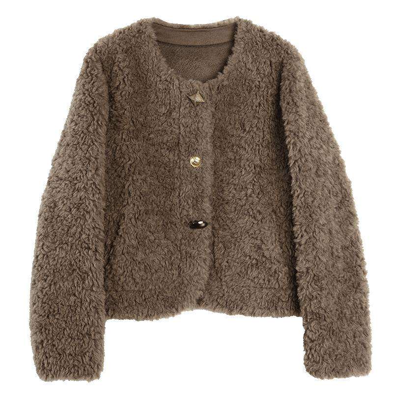 【100%绵羊毛】ELLE咖色复古毛绒短外套2025冬小香风羊羔