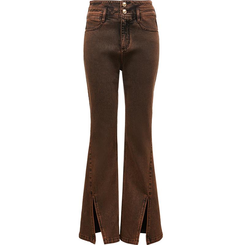 高腰微喇裤 金属双粒扣 裤脚开衩设计