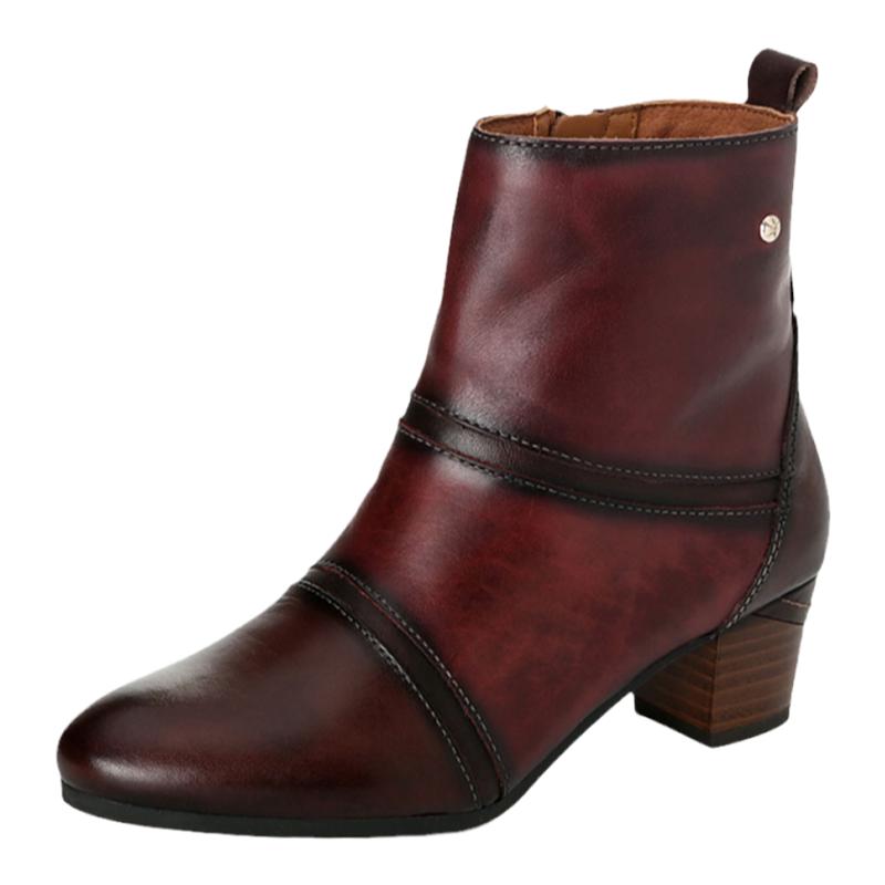 派高雁牛皮中粗跟短靴