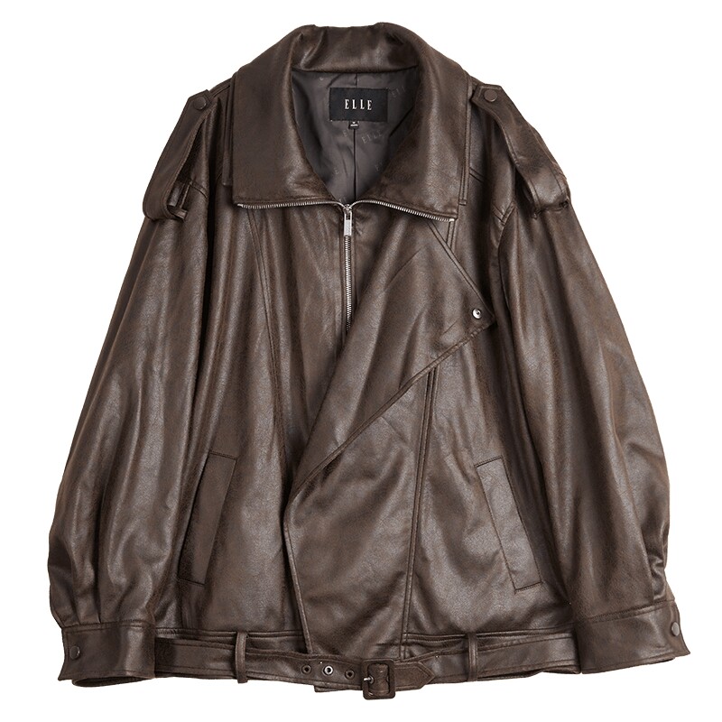 ELLE摩登复古防风独立主义皮夹克女2025秋新款宽松高级感皮衣外套
