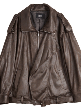 ELLE摩登复古防风独立主义皮夹克女2025秋新款宽松高级感皮衣外套