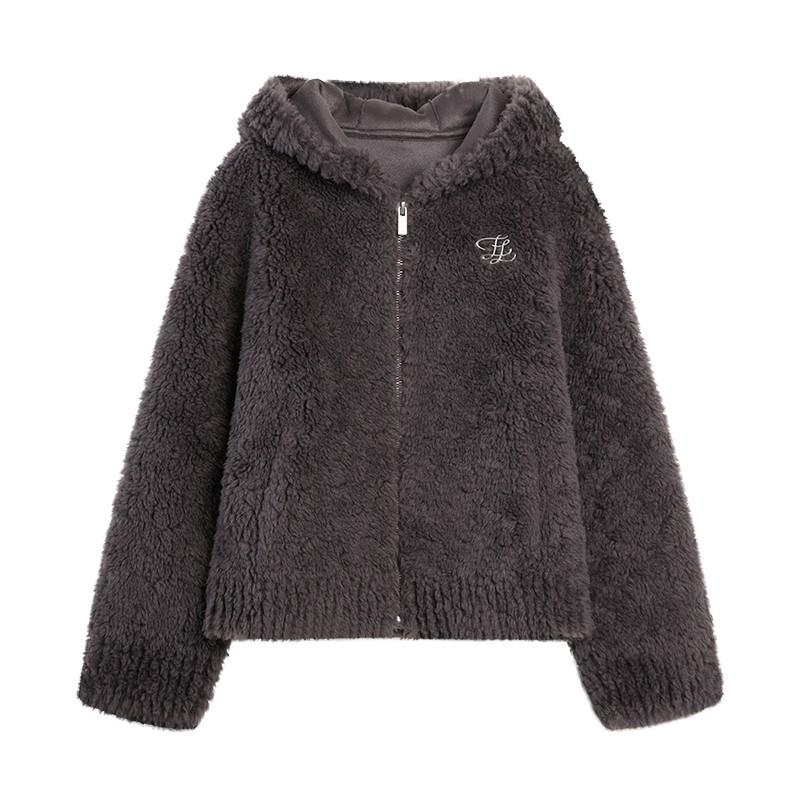 【100%绵羊毛】ELLE法式连帽毛绒外套女2025冬季新款羊羔毛上衣,女装/女士精品,短外套,淘宝优惠券,粉丝福利购,淘宝优惠卷