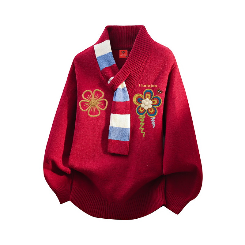 查尔斯桃心花朵印花围巾领圣诞红色毛衣男女冬季休闲情侣针织衫潮
