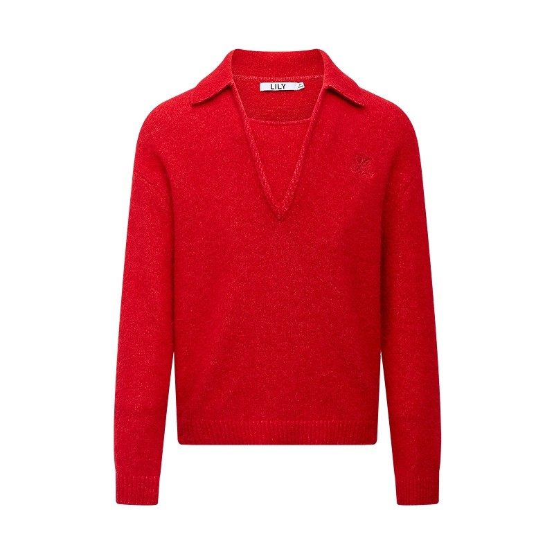 LILY2025冬新款女装羊毛羊驼毛混纺假两件加厚红色套头针织衫毛衣,女装/女士精品,毛针织衫,淘宝优惠券,粉丝福利购,淘宝优惠卷