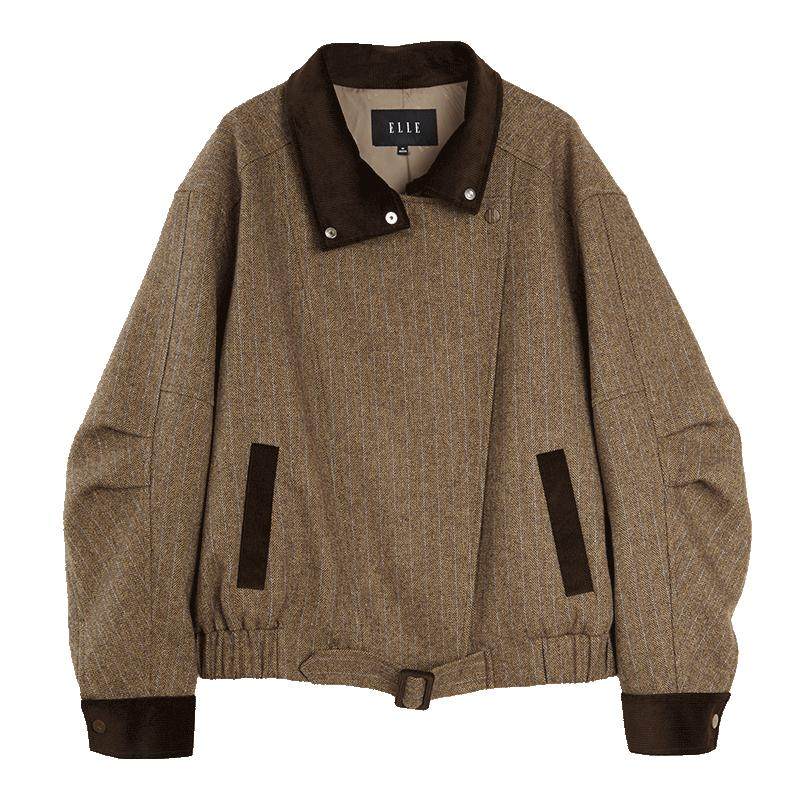 ELLE拼接咖色灯芯绒廓形短外套女2025秋新款独特绵羊毛宽松夹克,女装/女士精品,短外套,淘宝优惠券,粉丝福利购,淘宝优惠卷
