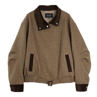 ELLE拼接咖色灯芯绒廓形短外套女2025秋新款 独特绵羊毛宽松夹克