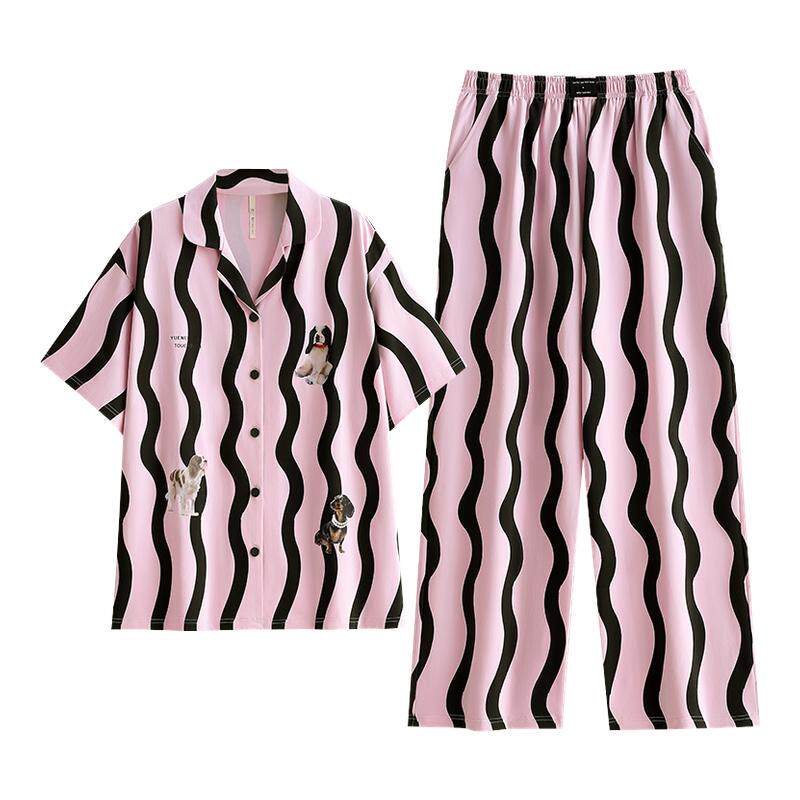 悦内睡衣女款夏季夏天纯棉短袖长裤家居服条纹加大码休闲开衫套装