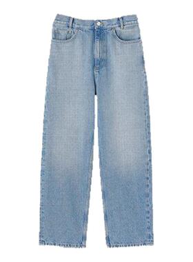 SANDRO秋冬女装法式时尚优雅简约棉质蓝色复古做旧高腰牛仔长裤