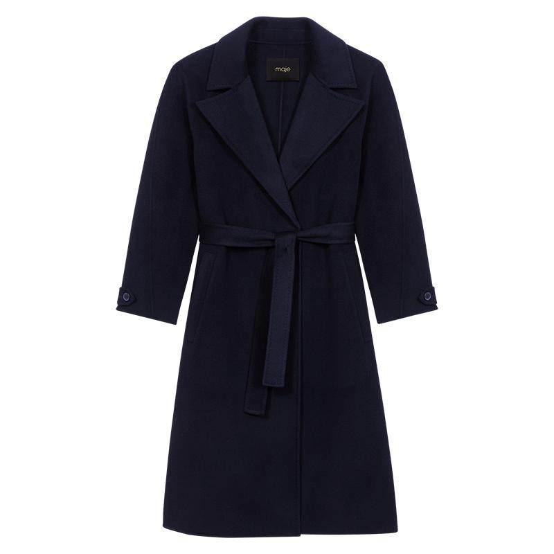 Maje2025秋冬女装法式气质羊毛混纺黑色系带长款收腰毛呢大衣外套,女装/女士精品,毛呢外套,淘宝优惠券,粉丝福利购,淘宝优惠卷