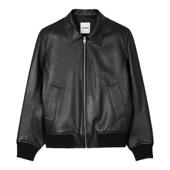 法式 季 末7折SANDRO秋冬男装 黑色金属拉链翻领休闲皮衣夹克外套