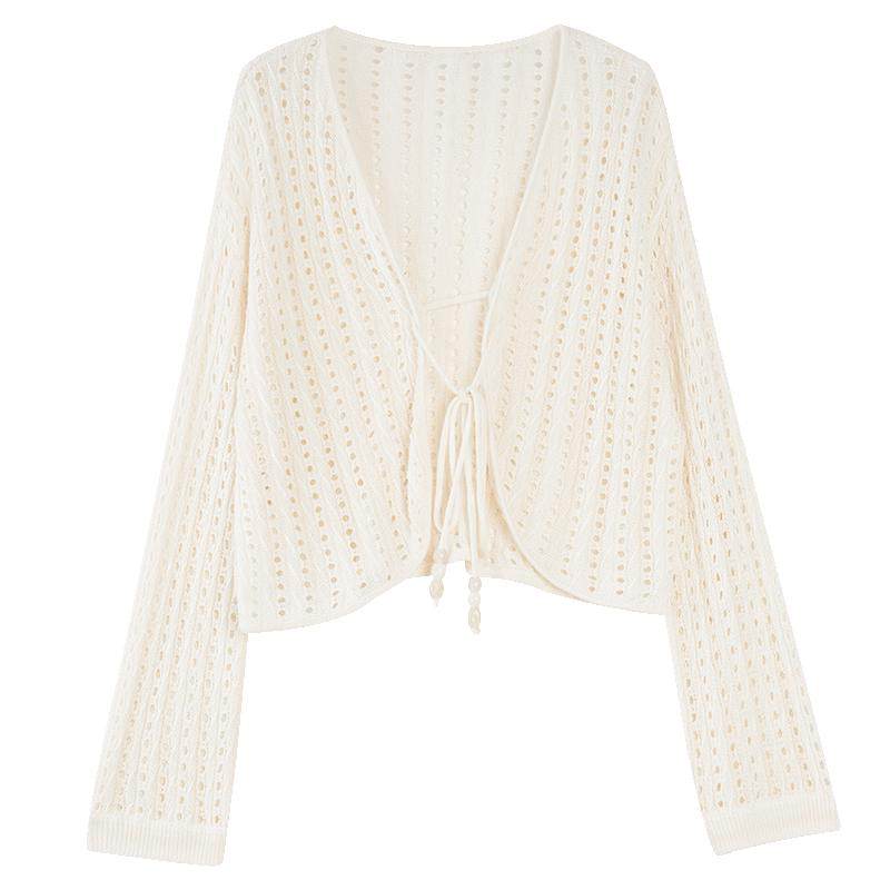 ELLE波西米亚贝壳式针织开衫女2025夏季新款薄款镂空V领时髦