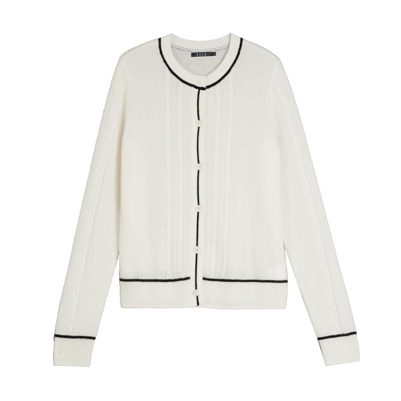 【100%山羊绒】ELLE米白色毛衣开衫女2025冬季新款宽松毛针织衫