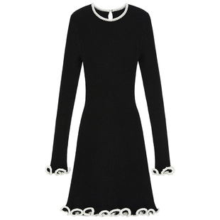 bebe2025秋冬新款 花边设计连衣裙430903 女士圆领含羊毛针织修身