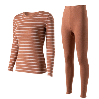 顶瓜瓜女士中厚舒绒保暖内衣双面磨毛圆领条纹秋衣秋裤套装顶呱呱