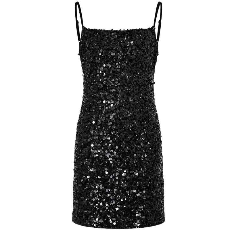 【秦岚同款】MOCO吊带裙重工珠片叠绣植绒底连衣裙荡领摩安珂