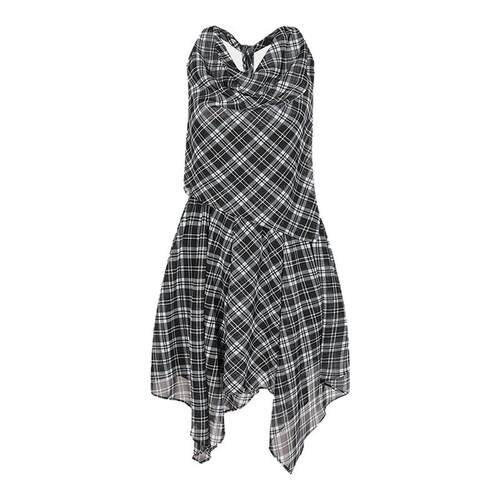 MOUSSY 夏季新品格纹荡领露背不规则无袖连衣裙028ISA33-3521