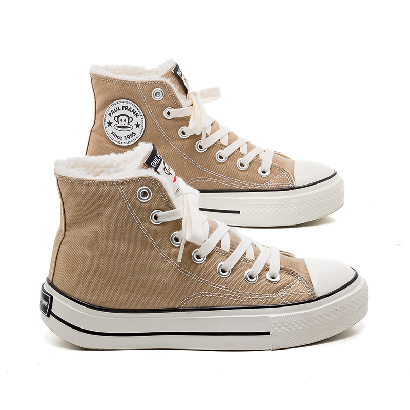大嘴猴奶茶色高帮加绒厚底帆布鞋