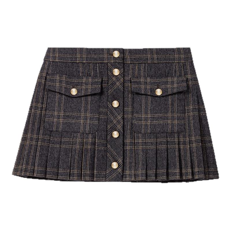 时尚百褶高腰款式 纽扣翻盖口袋细节