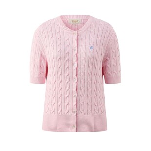 绞花短袖 Eland衣恋针织T恤女下摆罗纹经典 上衣夏季 100%棉