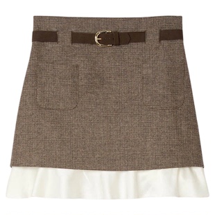 SANDRO2025秋冬女装 简约棕色格纹白色拼接花边裙摆半身短裙 法式