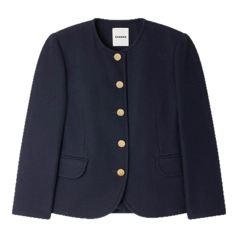 季末7折SANDRO2025秋冬新款女装法式气质深蓝色经典短款圆领外套,女装/女士精品,短外套,淘宝优惠券,粉丝福利购,淘宝优惠卷