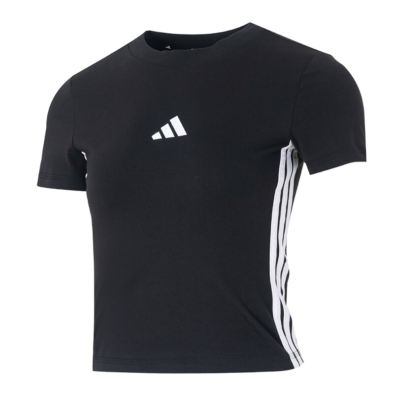 阿迪达斯黑色T恤女装夏季新款复古美式网球休闲短款短袖JC8325