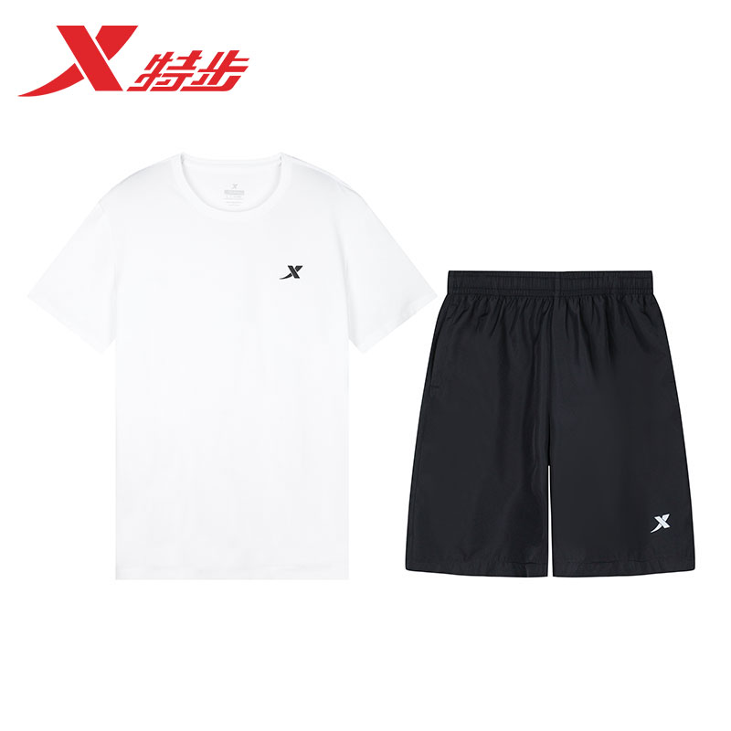 特步运动套装男青少年夏季宽松两件套短袖T恤短裤薄款冰丝速干衣