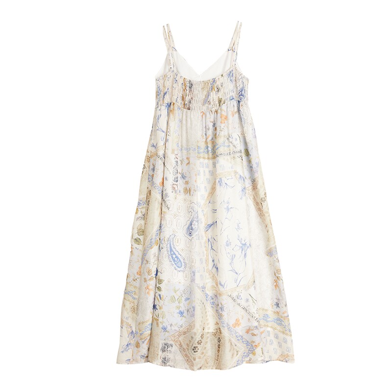ELLE复古印花度假风吊带连衣裙女2025夏季新款时髦优雅波嬉a