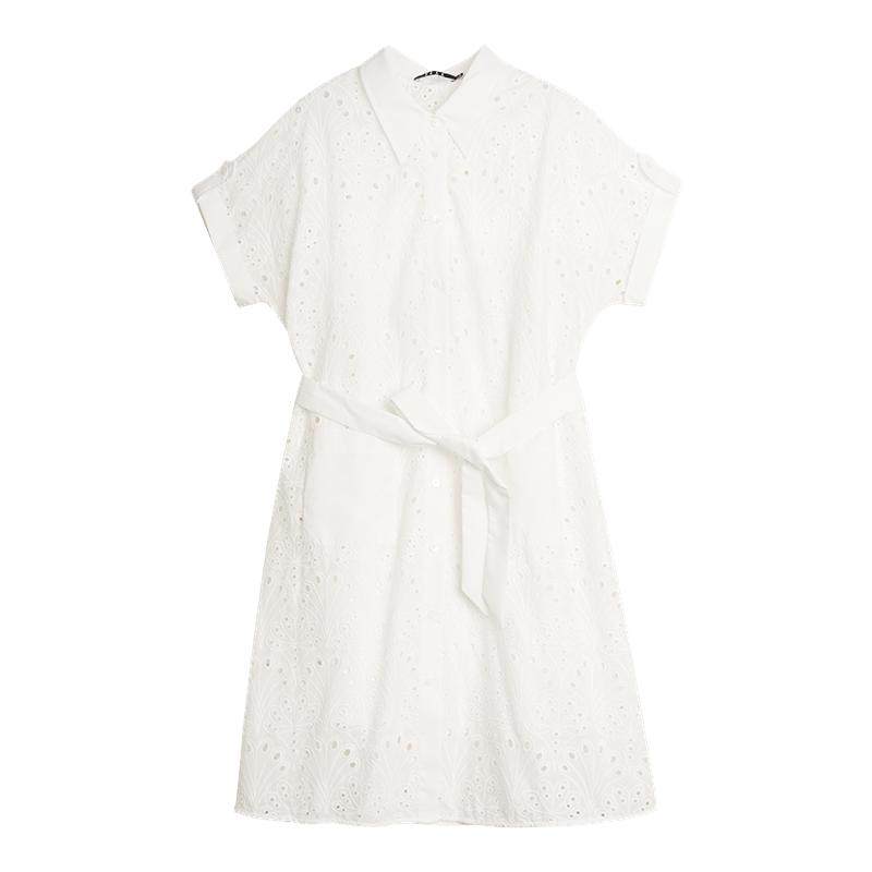 ELLE重工镂空设计感度假连衣裙女2025夏季新款工装风航海气质