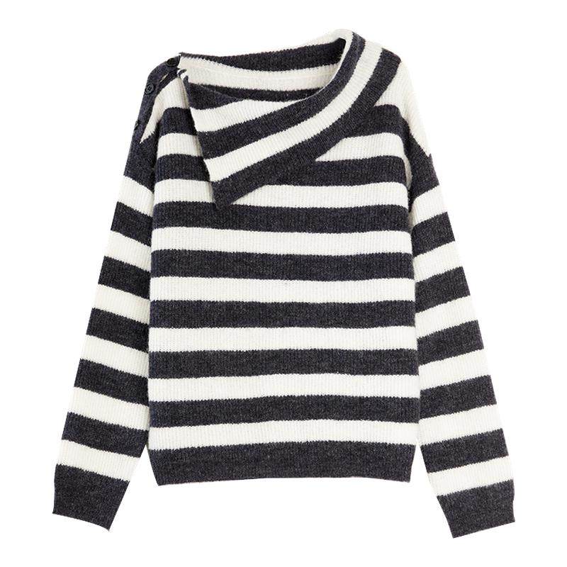 ELLE绵羊毛马海毛条纹针织衫女2025冬季新款不规则设计感套头
