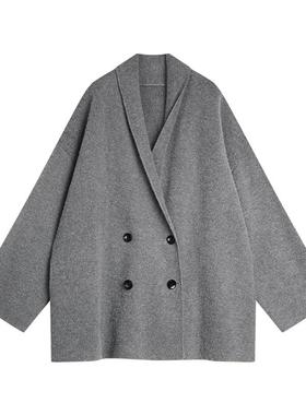 ELLE灰色高级感大衣式针织开衫女2025冬季新款设计感宽松休闲毛衣