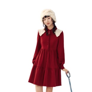 甜美高收腰修身 新款 显瘦a字短裙子 连衣裙女冬季 紫涵披肩翻领衬衫