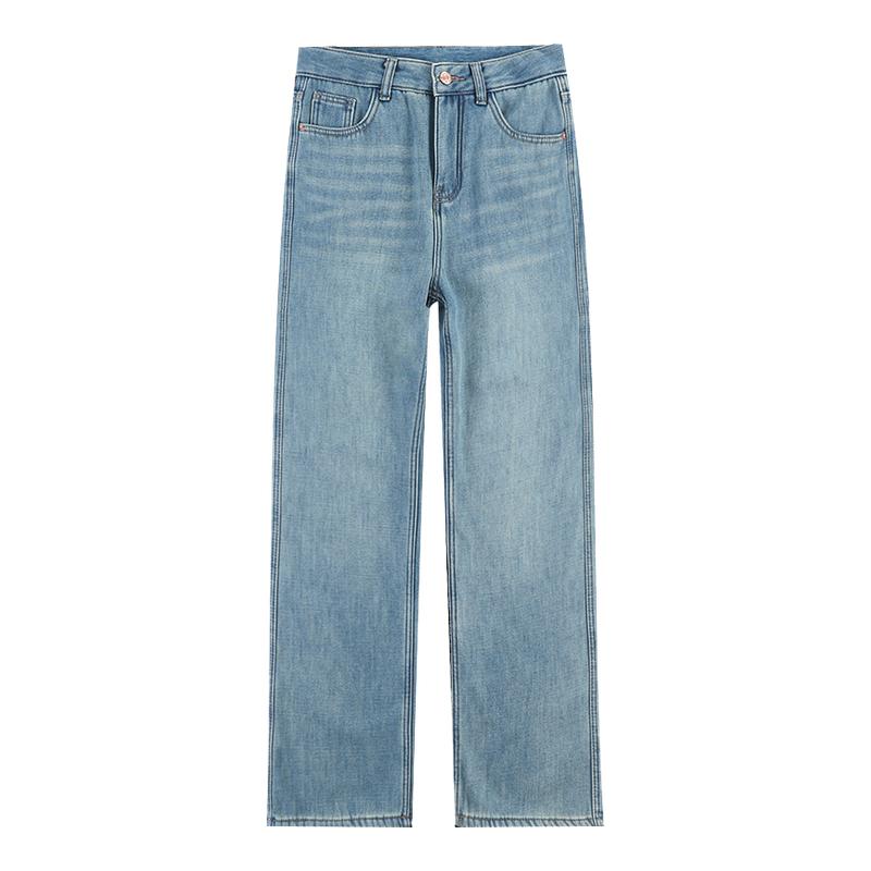 拉夏贝尔浅色加绒直筒牛仔裤女冬