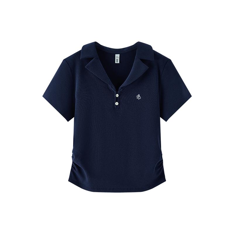 森馬西裝領刺繡涼感短款POLO衫女