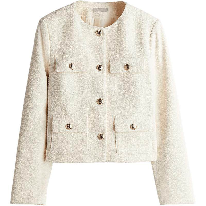 HM女装短外套春季时尚单排扣纹理编织千金廓形小香风外套12414