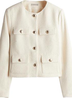 HM女装短外套春季时尚单排扣纹理编织千金廓形小香风外套1241437