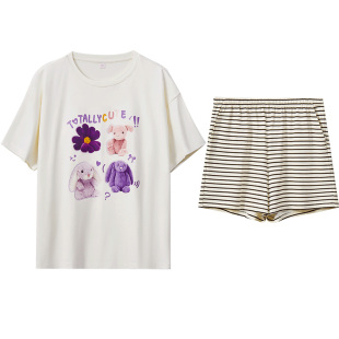 凉感带胸垫莫代尔睡衣女红豆可外穿短袖 夏天薄 可爱休闲家居服套装