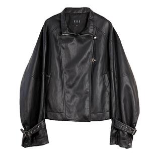 ELLE黑色皮衣短外套女26春季新款机车复古酷飒风休闲百搭夹克上衣