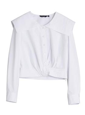 ELLE法式高级感蓝色短款衬衫女2025秋装新款别致漂亮长袖打底上衣