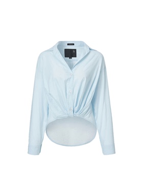 R13 浅蓝色棉质长袖衬衣扭结下摆轻薄简约休闲衬衫