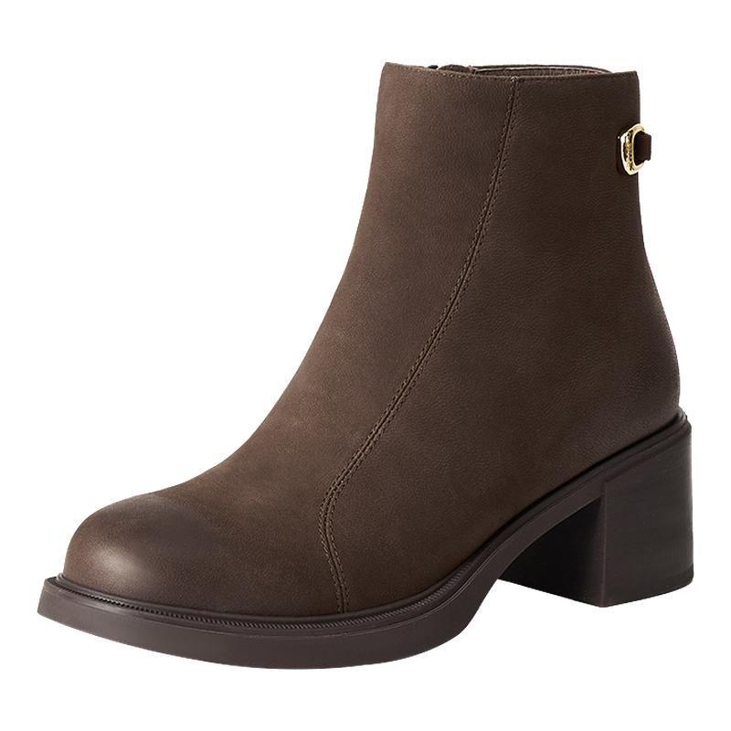 百丽复古显瘦羊皮高跟短靴2025新款女靴加绒优雅时装靴E4X1DDD5