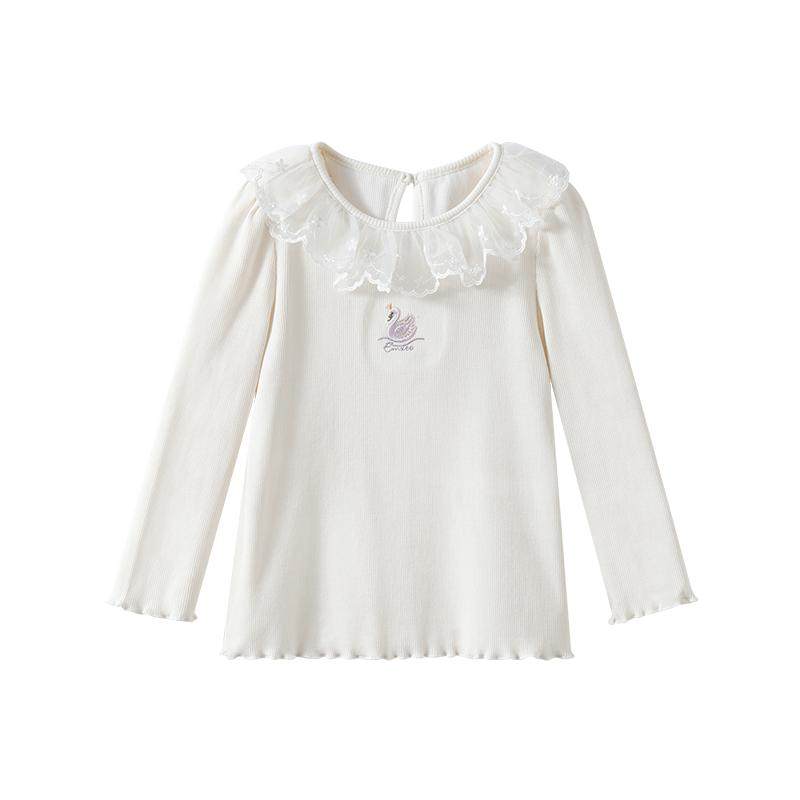 嫚熙童装洋气长袖T恤女宝宝婴童蕾丝儿童花边领上衣女童2025新款