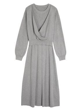 ELLE灰色绵羊毛假两件长袖连衣裙女2025冬季新款小个子桑蚕丝裙子